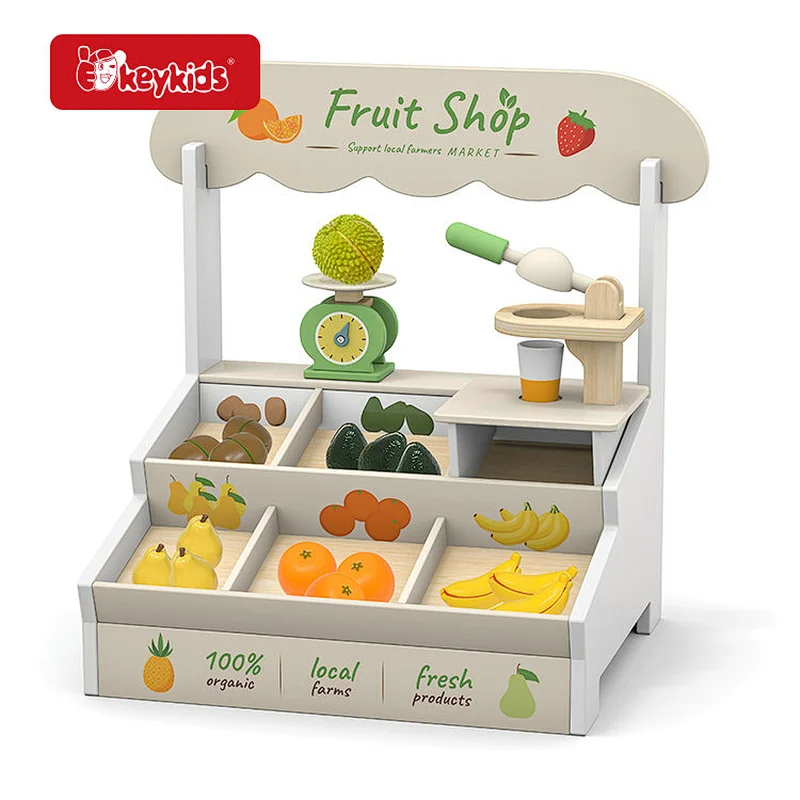 Montessori Wooden Grocery Store Play Set - Pretend Play Market Stand with DIY Fruits & Shopping Game for Kids W10A288